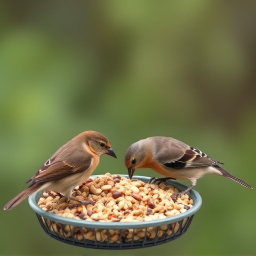 Birds pecking seeds from ground feeder