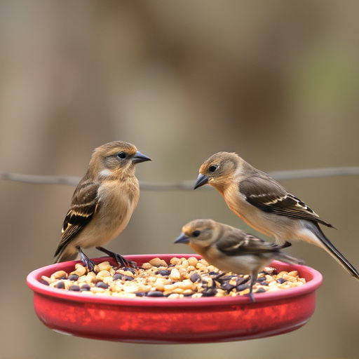 Birds pecking seeds from ground feeder