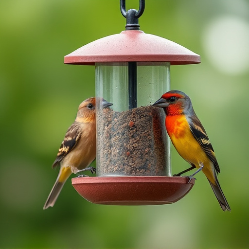 Birds perched on compact feeding station