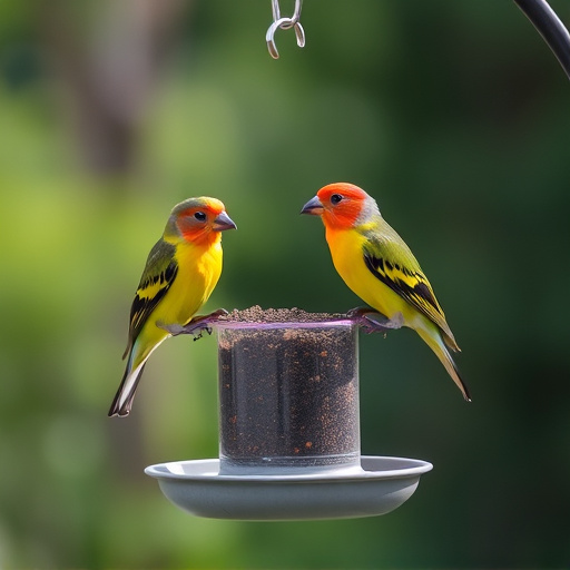 Birds perched on compact feeding station