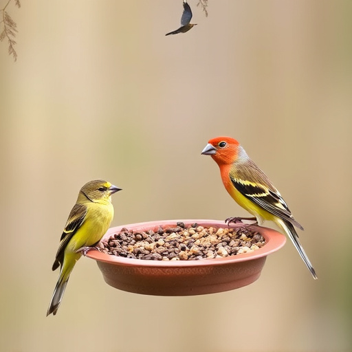 Birds perched on compact feeding station