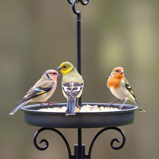 Birds perched on freestanding tray feeder