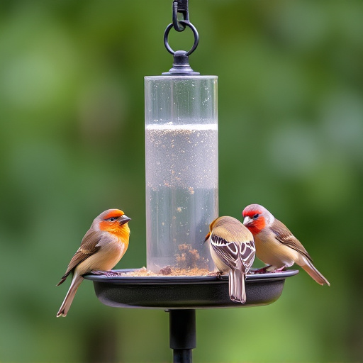 Birds perched on freestanding tray feeder