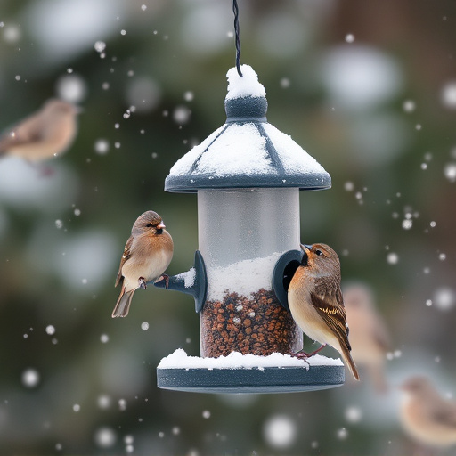 Birds perched on snowy bird feeder