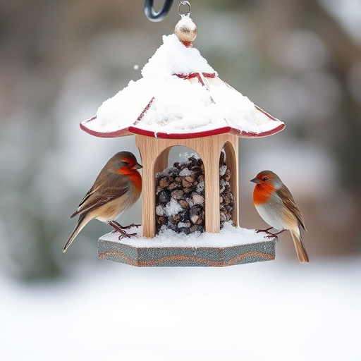 Birds perched on snowy bird feeder