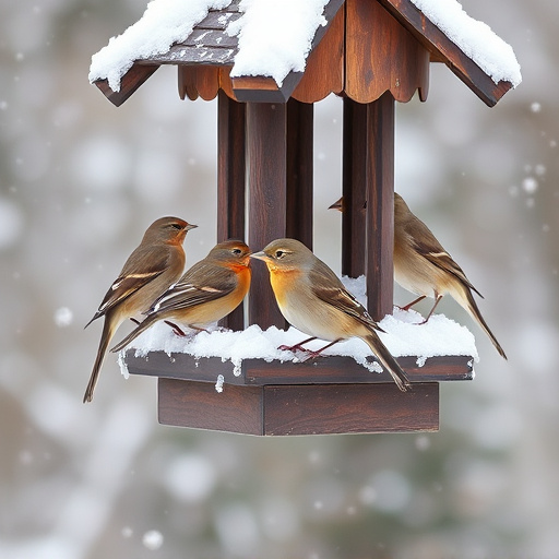 Birds perched on snowy bird feeder