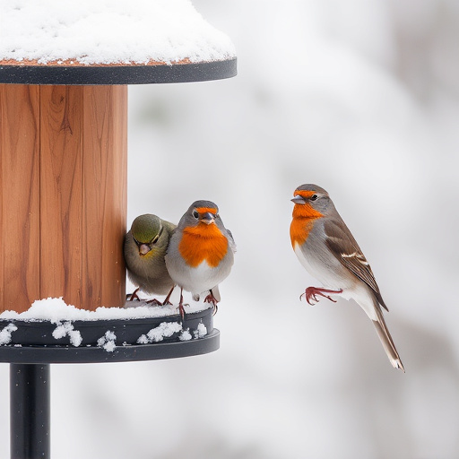 Birds perched on snowy bird feeder