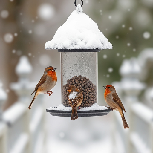 Birds perched on snowy bird feeder
