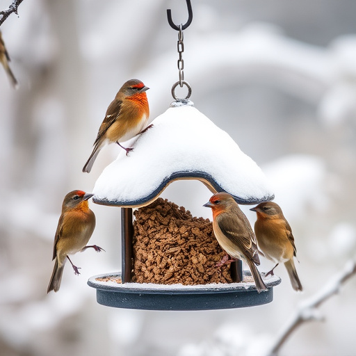 Birds perched on snowy bird feeder