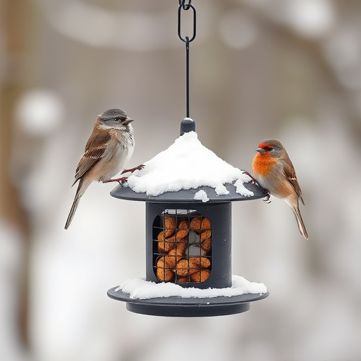 Birds perched on snowy bird feeder