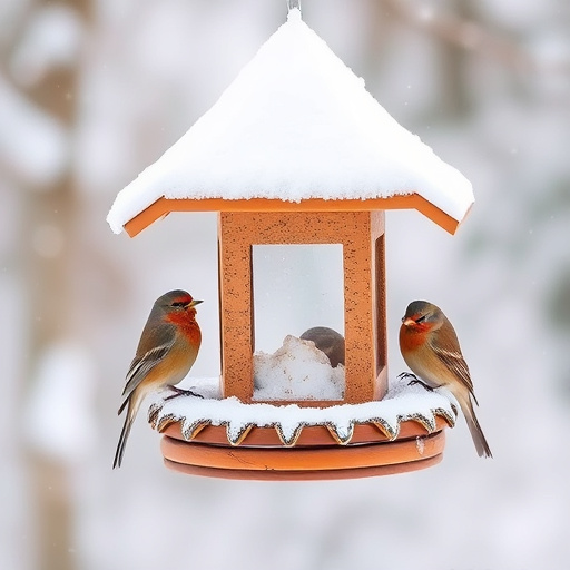 Birds perched on snowy bird feeder
