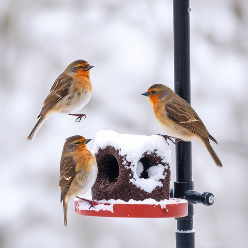 Birds perched on snowy bird feeder