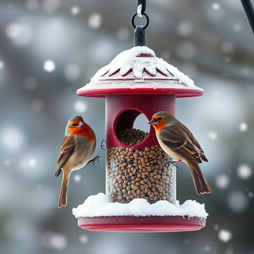Birds perched on snowy bird feeder