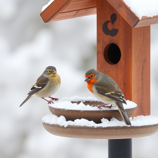 Birds perched on snowy bird feeder