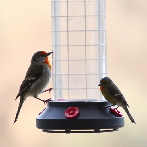 Birds perched on transparent window feeder