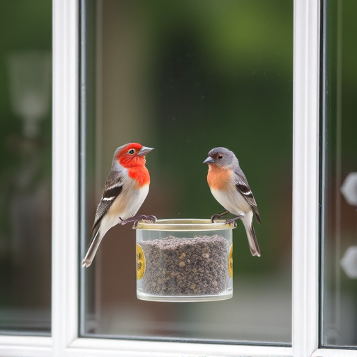 Birds perched on transparent window feeder