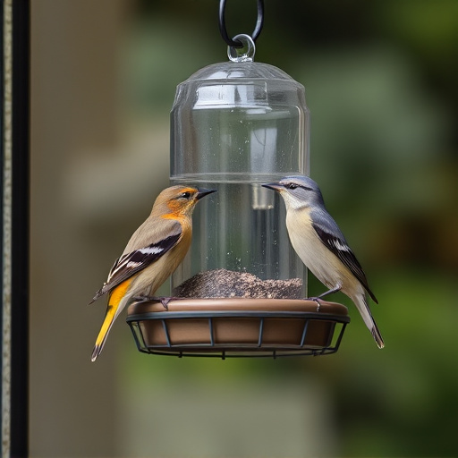 Birds perched on transparent window feeder