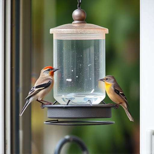 Birds perched on transparent window feeder
