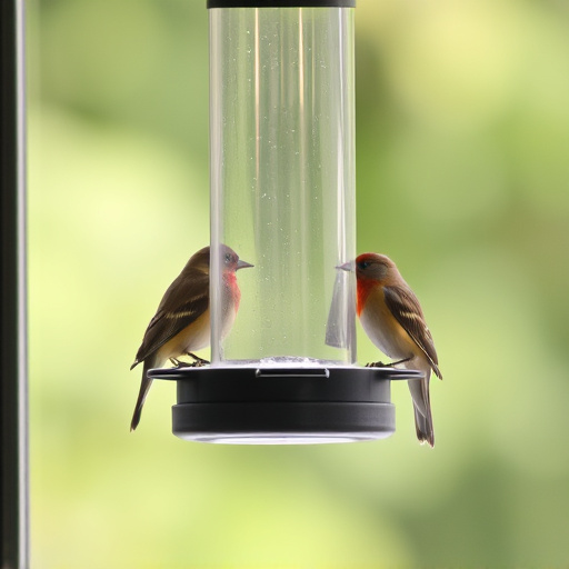 Birds perched on transparent window feeder