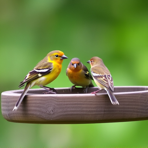 Birds perched on wooden feeding platform