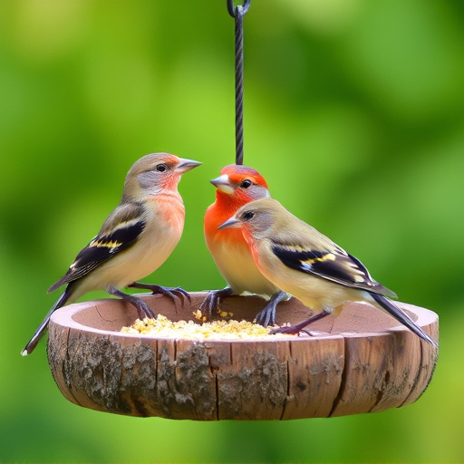 Birds perched on wooden feeding platform