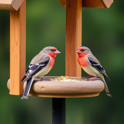 Birds perched on wooden feeding platform