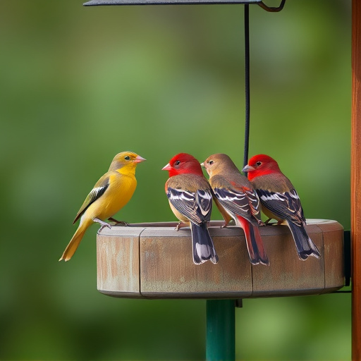 Birds perched on wooden feeding platform