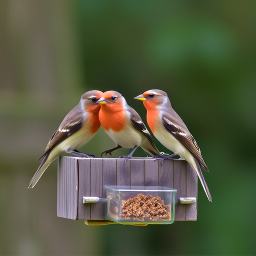 Birds perched on wooden feeding platform