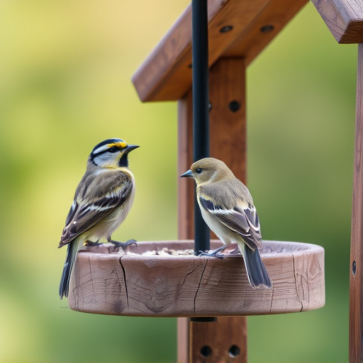 Birds perched on wooden feeding platform