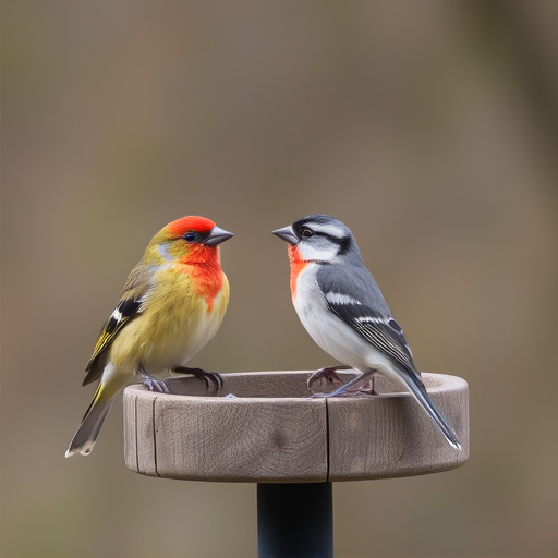 Birds perched on wooden feeding platform