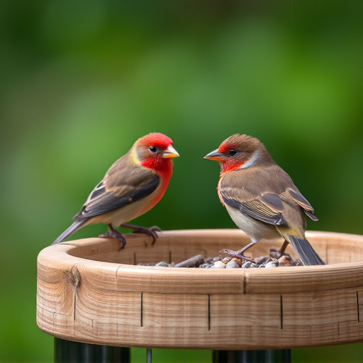 Birds perched on wooden feeding platform