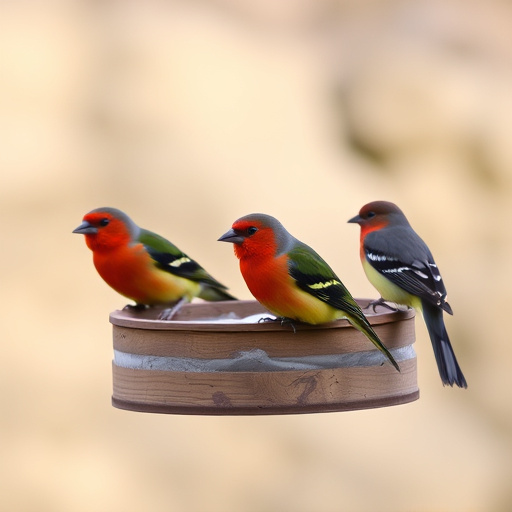 Birds perched on wooden feeding platform