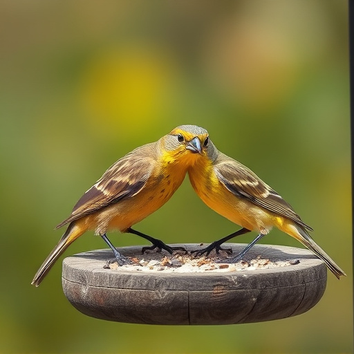 Birds perched on wooden feeding platform