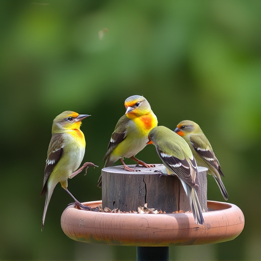Birds perched on wooden feeding platform