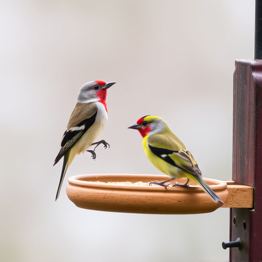 Birds perched on wooden feeding platform