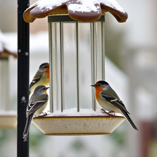 Birds sheltering near winter feeder
