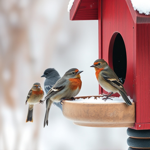 Birds sheltering near winter feeder