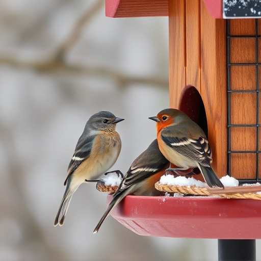 Birds sheltering near winter feeder