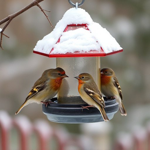 Birds sheltering near winter feeder