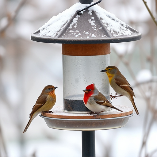 Birds sheltering near winter feeder