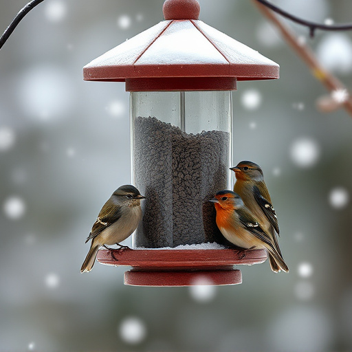 Birds sheltering near winter feeder