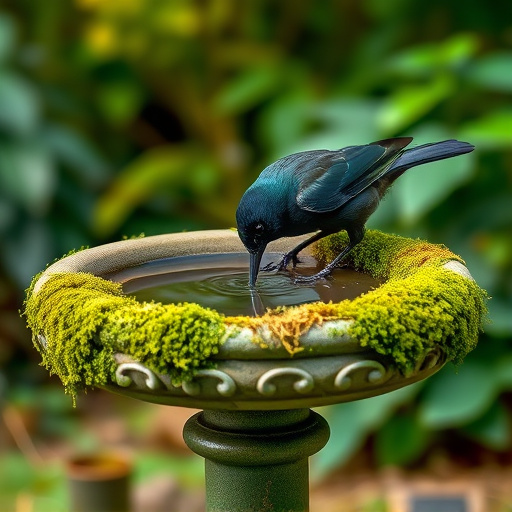 Blackbird drinking from moss-covered pedestal bath