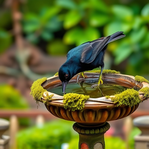 Blackbird drinking from moss-covered pedestal bath