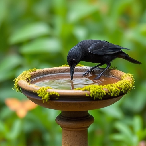 Blackbird drinking from moss-covered pedestal bath