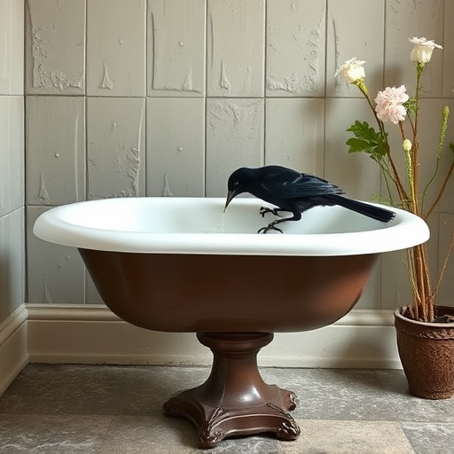 Blackbird drinking from vintage pedestal bath