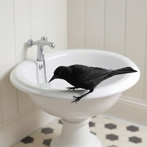 Blackbird drinking from vintage pedestal bath