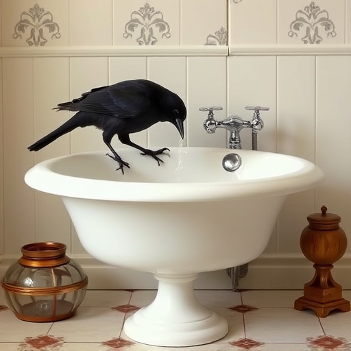Blackbird drinking from vintage pedestal bath