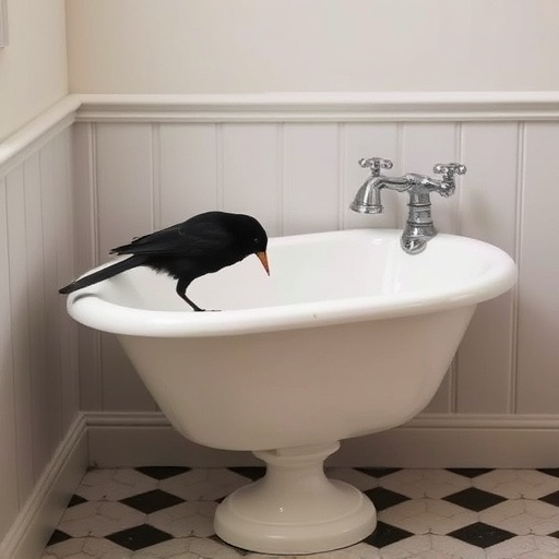 Blackbird drinking from vintage pedestal bath