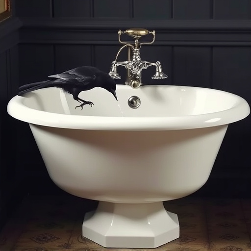 Blackbird drinking from vintage pedestal bath
