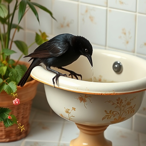 Blackbird drinking from vintage pedestal bath